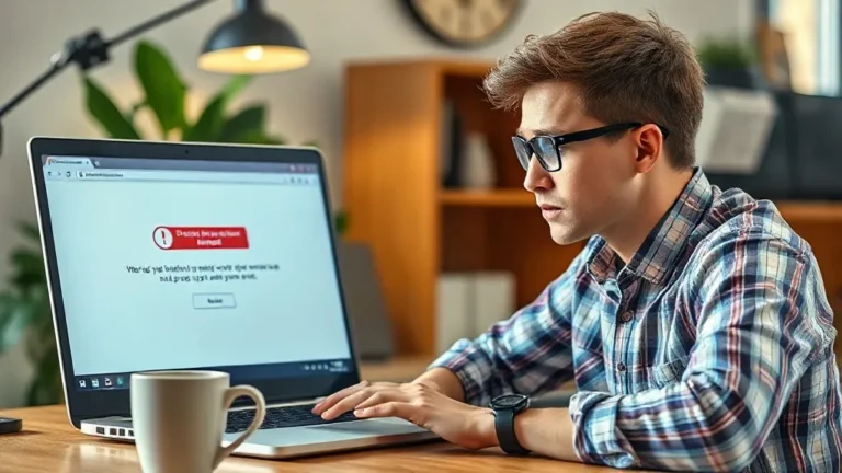 Editorial photo of a small business owner looking concerned at a laptop showing a website error message, office desk with coffee cup, natural daylight, photorealistic